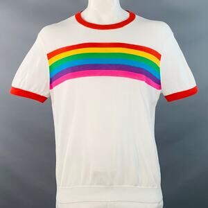 MR TURK Size XL White Multi Color Rainbow Cotton Knit Ringer T-shirt